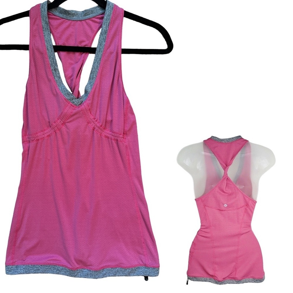 LULULEMON Pink & Gray Personal Best Singlet Tank Twist Racer Back | Size: 6